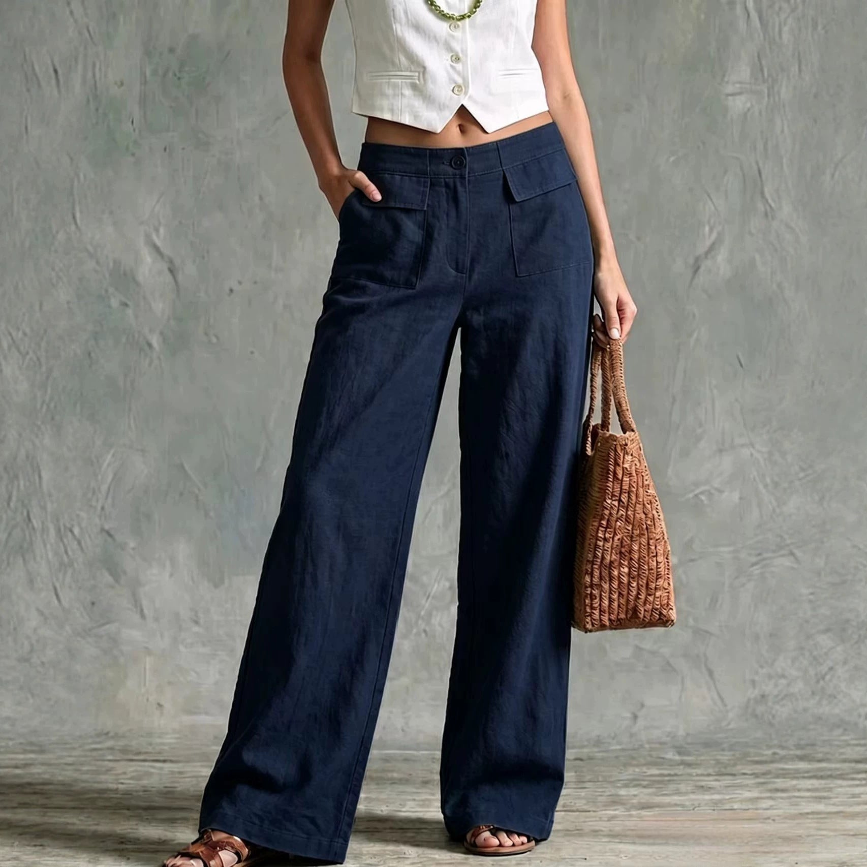 Sage Linen High Waist Patch Pocket Wide Leg Trousers