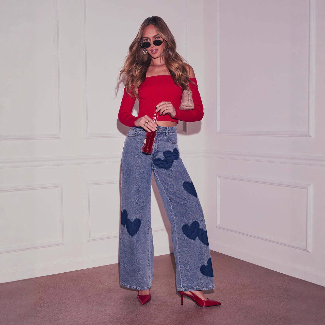Light Wash Heart Patch High Waist Wide Leg Denim Jeans