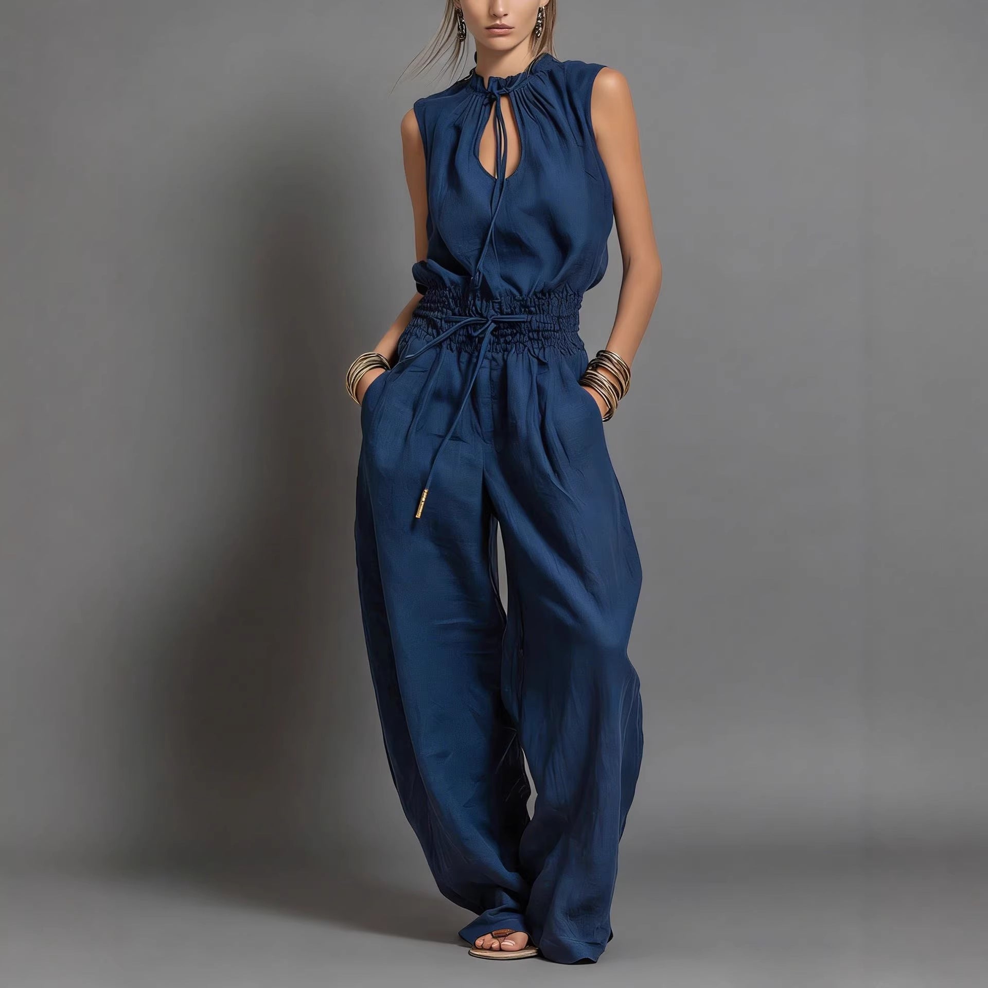 Beige Linen-Blend Smocked-Waist Jumpsuit