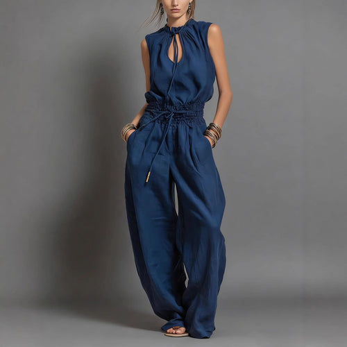 Beige Linen-Blend Smocked-Waist Jumpsuit