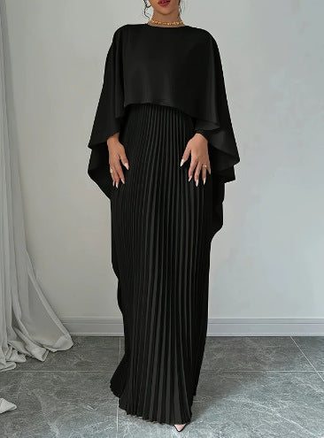 Cape Overlay Pleated Maxi Dress
