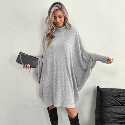 Women's Mock Neck Batwing Long Sleeve Ribbed Knit Mini Dress