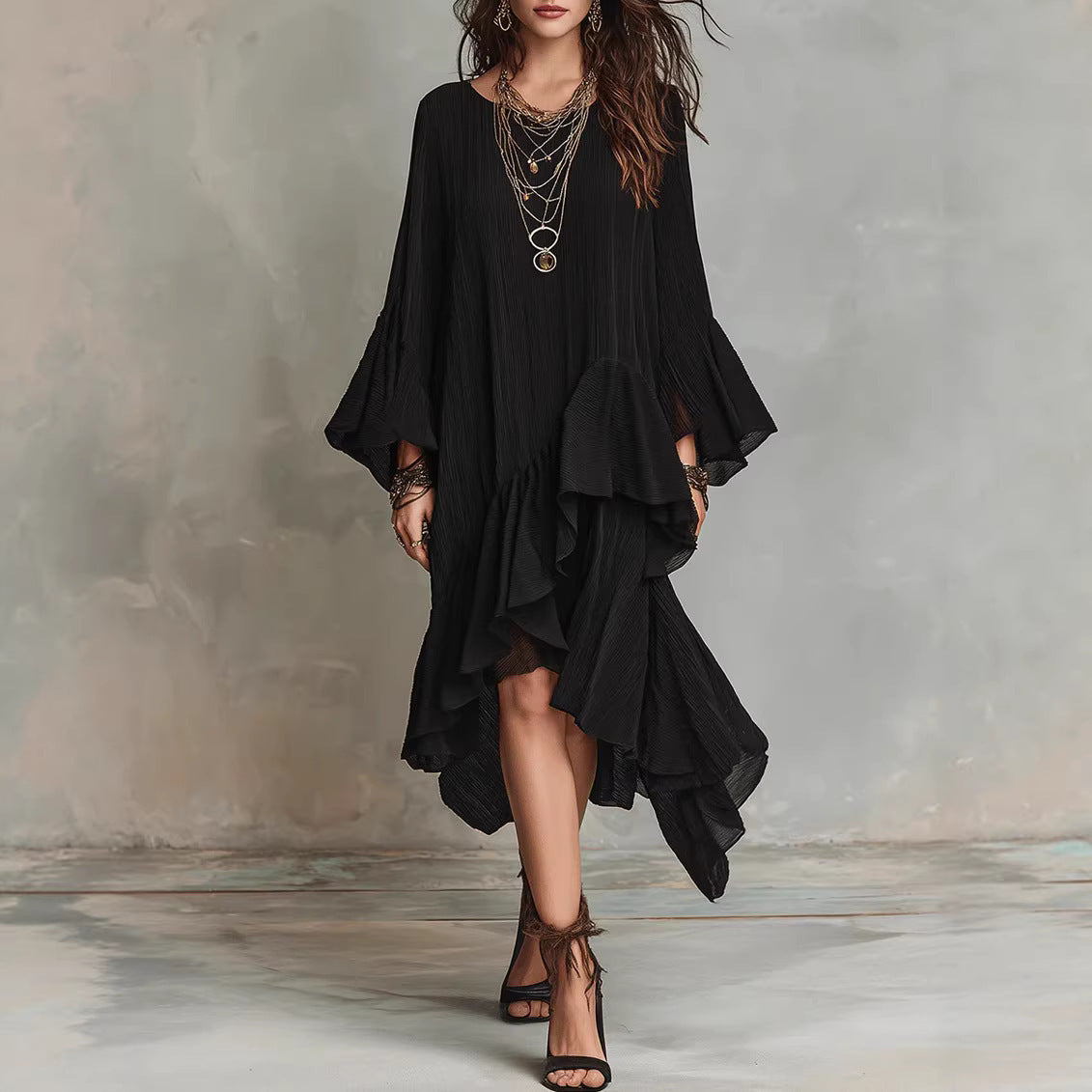 Crinkled Textured Oversized Bell Sleeve Asymmetrical Ruffle High Low Midi Dress