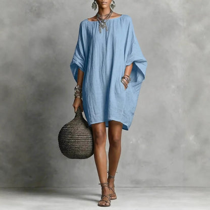 Women's Solid-color round-neck 3/4-sleeve Casual Loose Cotton-linen Dress