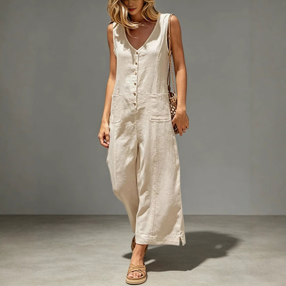 Buttoned Cotton And Linen Sleeveless Casual Wide-Leg Loose Jumpsuit With Pockets