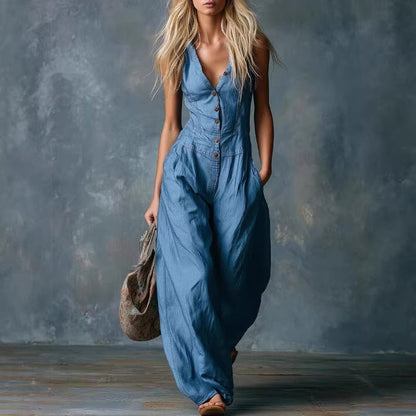 Women'S Spring Thin Loose Sleeveless Ethnic Tribal Denim Jumpsuit