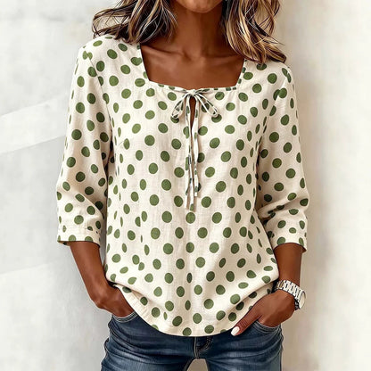 Cream Base Polka Dot Square Neck Tie Front 3/4 Sleeve Blouse