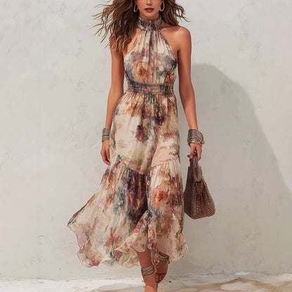 Sleeveless Vintage Watercolor Print Ruffled Flowy Vacation Dress
