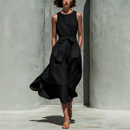 Sleeveless Tie Waist Layered Linen Midi Dress