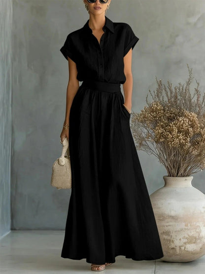 Cap Sleeve Collared Shirt & High Waist Wide Leg Pants Two Piece Set