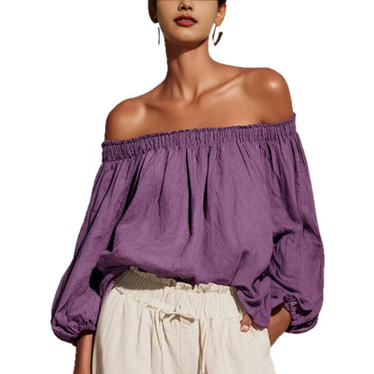 Women Off Shoulder Puff Bubble Sleeve Crinkled Casual Blouse