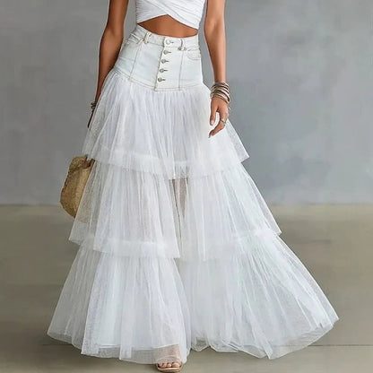 High Waist Button‑Front Denim Patchwork Tiered Tulle Maxi Skirt