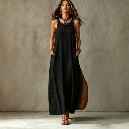 Textured Sleeveless Round Neck Pocketed Maxi Tent Dress