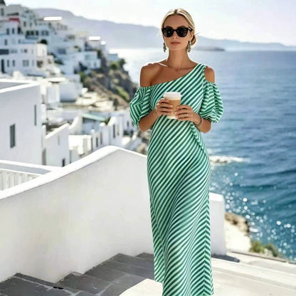 One Shoulder Cold Shoulder Puff Sleeve Striped Maxi Dress