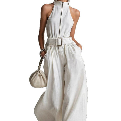 Women's White Linen-Blend Halter Wide-Leg Jumpsuit with Belt