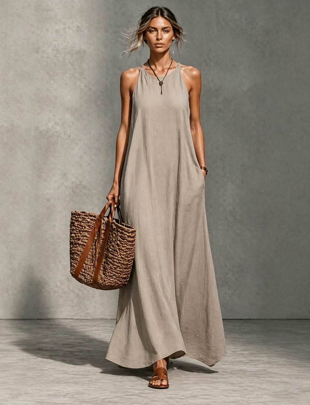 Textured Sleeveless Round Neck Pocketed Maxi Tent Dress