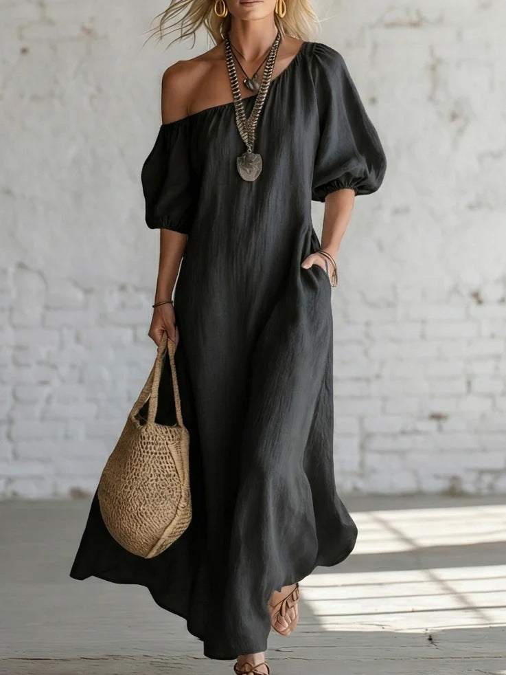 Effortless Off-Shoulder Linen-Blend Maxi Dress