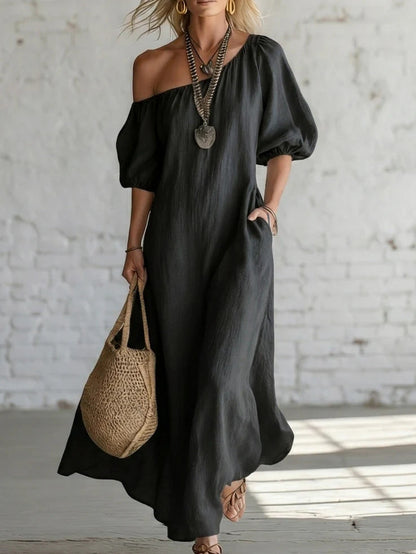 Effortless Off-Shoulder Linen-Blend Maxi Dress