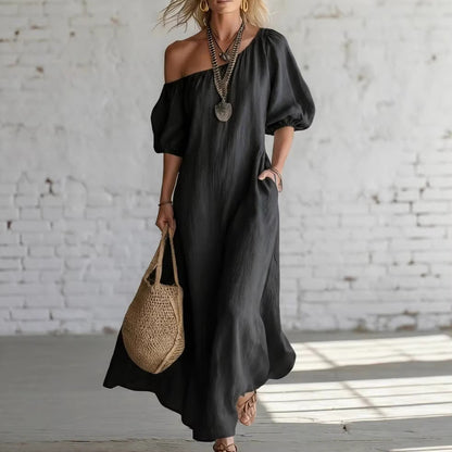Effortless Off-Shoulder Linen-Blend Maxi Dress