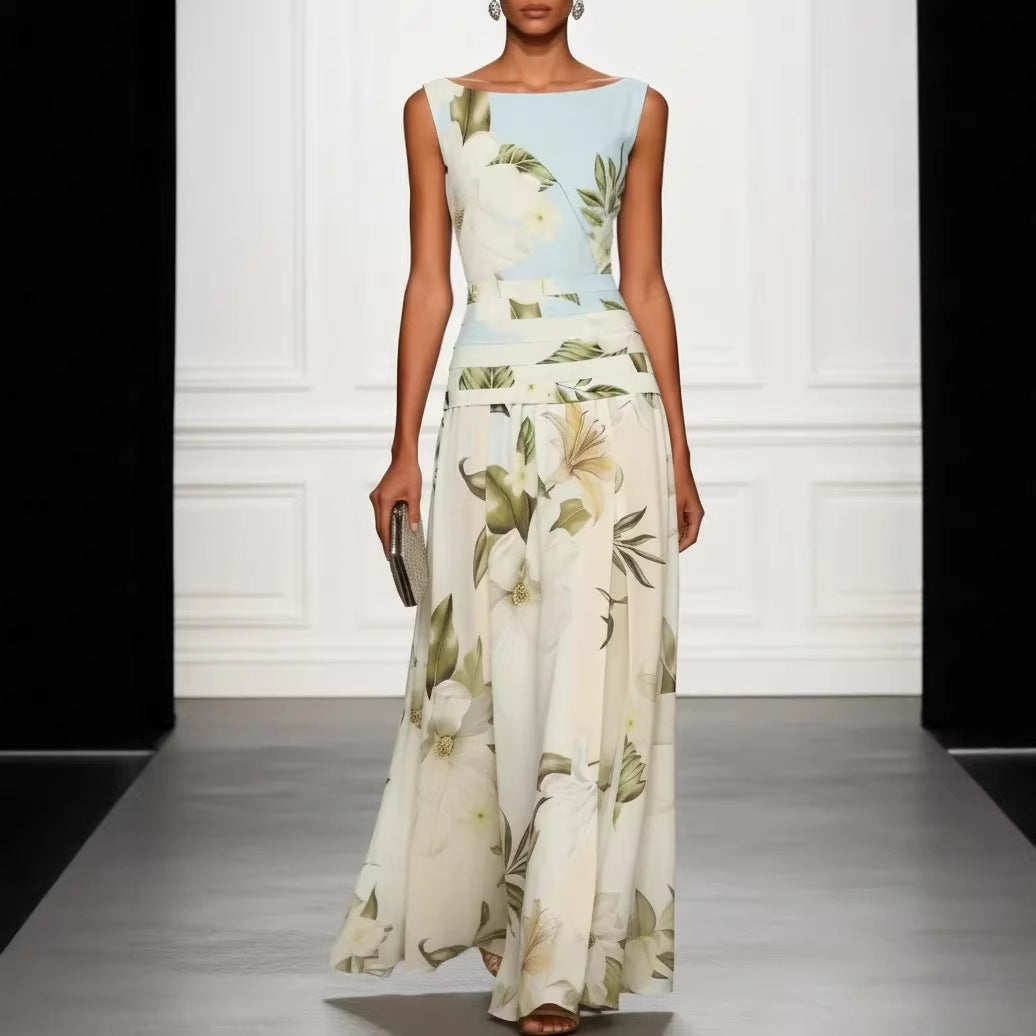 Vintage Lily Floral Color Block Maxi Gown