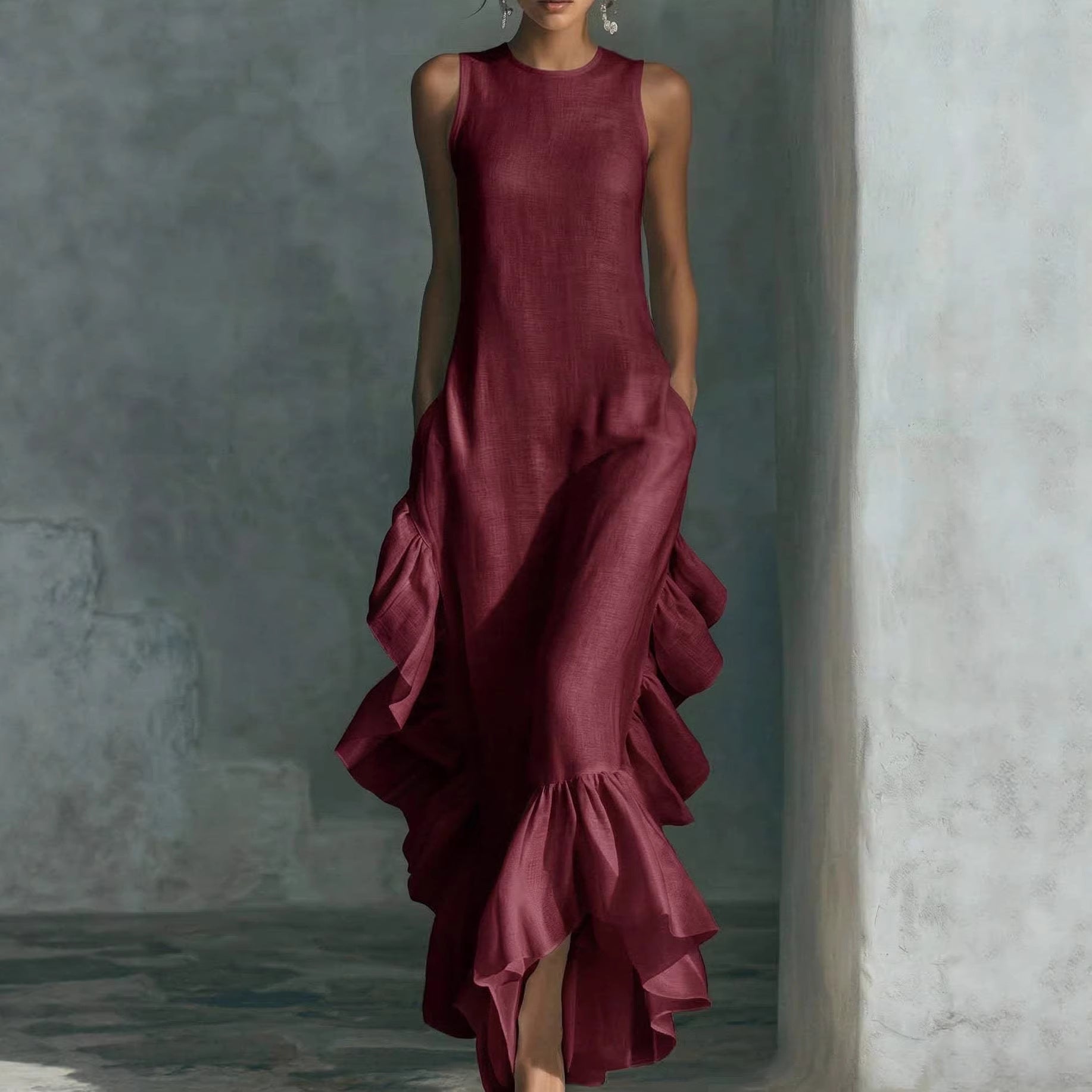Sleeveless Ruffled Linen Maxi Dress