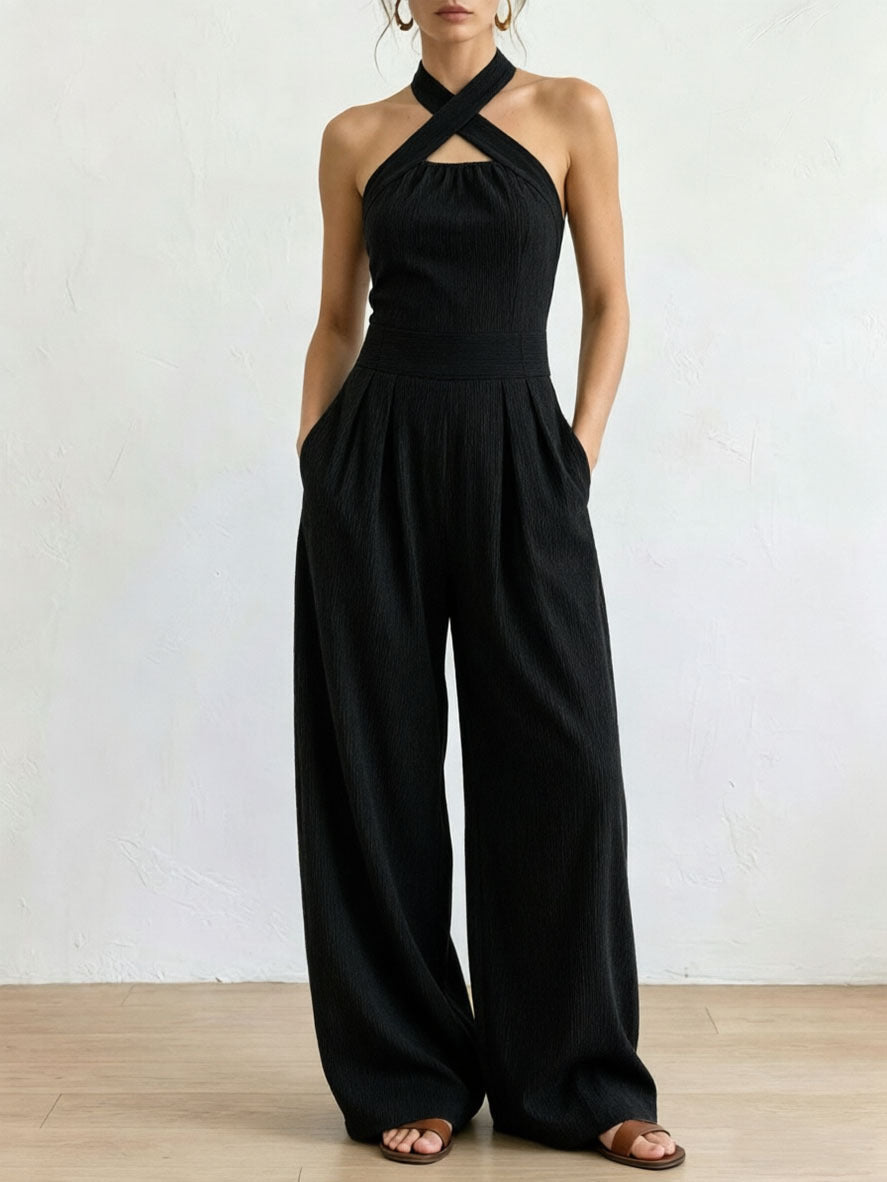 Crisscross Halter Keyhole Cutout High Waist Wide Leg Pantsuit with Pockets