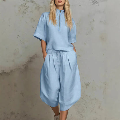 Linen Zip-Neck Top & Harem Culottes Set