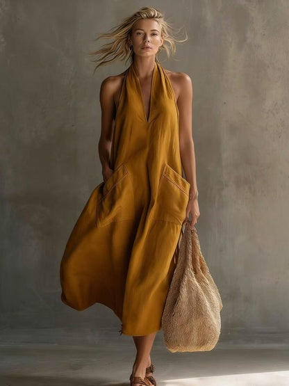Relaxed Halter Neck Linen Midi Dress with Pockets