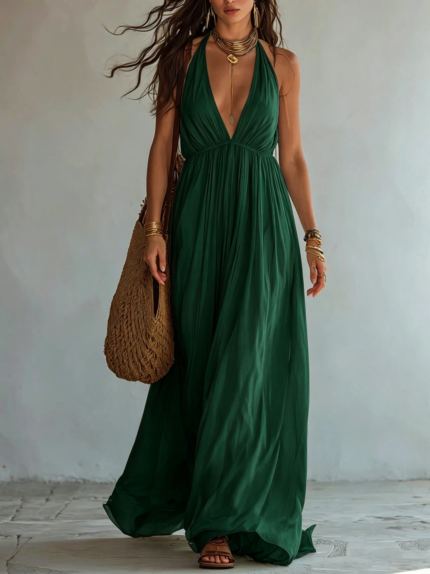 Halter Deep V Gathered Empire Waist Flowy Chiffon Maxi Dress