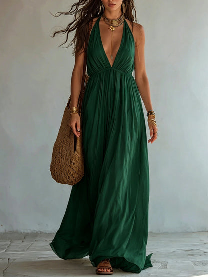 Halter Deep V Gathered Empire Waist Flowy Chiffon Maxi Dress