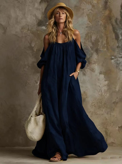 Cold Shoulder Puff Sleeve Pocketed Flowy White Maxi Caftan Dress