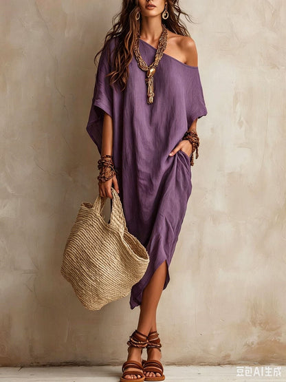 Slanted Shoulder Cotton And Linen Dress Women'S Loose Bat Sleeves Mid-Length Slit Holiday Dress