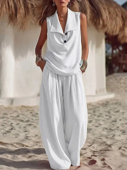 Sleeveless Collar Top & Wide Leg Vacation Pants