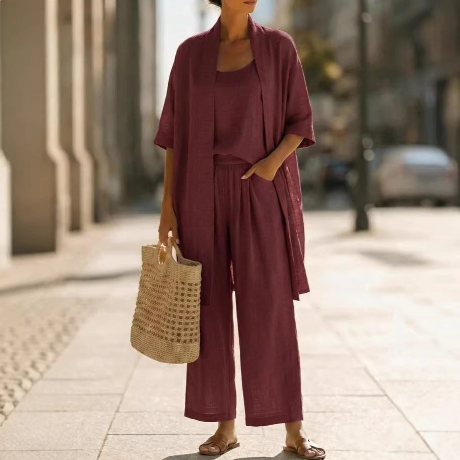 Women Linen-Blend Three-Piece Casual Set