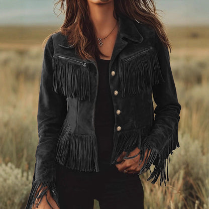 Solid Color Lapel Short Tassel Suede Jacket