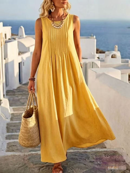 Pleated Pocket Linen Blend Vacation Maxi Dress