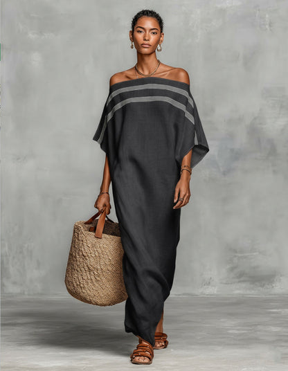 Stripe Off Shoulder Batwing Linen Maxi Kaftan Dress