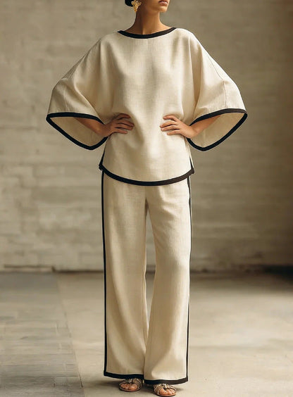 Women'S Elegant Round Neck Loose Bat Sleeves Cotton And Linen Two-Piece Set