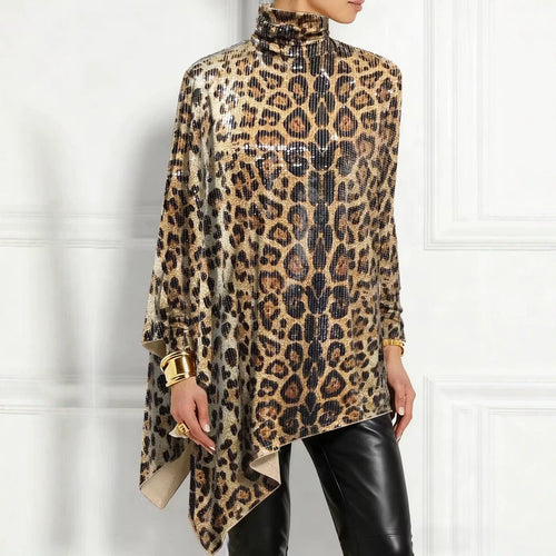 Leopard Sequin Turtleneck Asymmetric Draped Long Sleeve Loose Blouse Top
