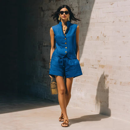 Linen Stand Collar Sleeveless Vest & Elastic Waist Shorts 2 Piece Co-Ord Set