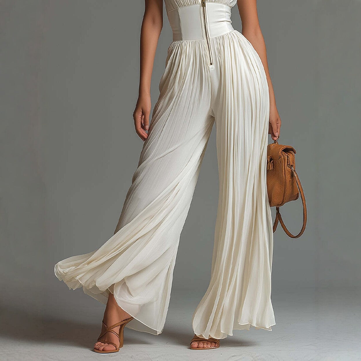 V-neck Sleeveless Zip-up Pleated Wide-leg Chiffon Jumpsuit