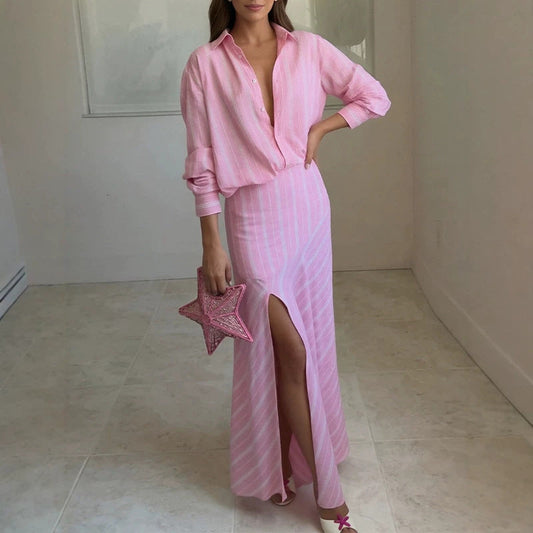 Women Striped Long‑Sleeve Shirt & High‑Slit Maxi Skirt Two‑Piece Set