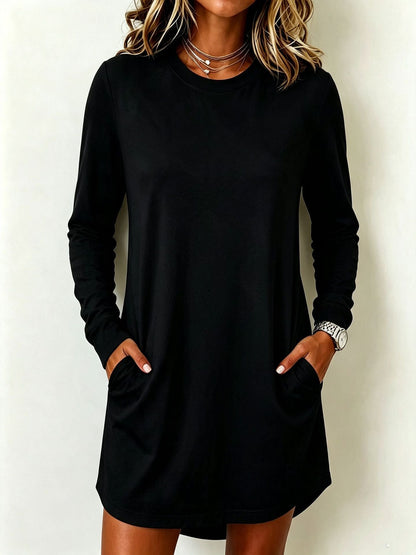 Women's Crew Neck Long Sleeve Pocket T‑Shirt Mini Dress