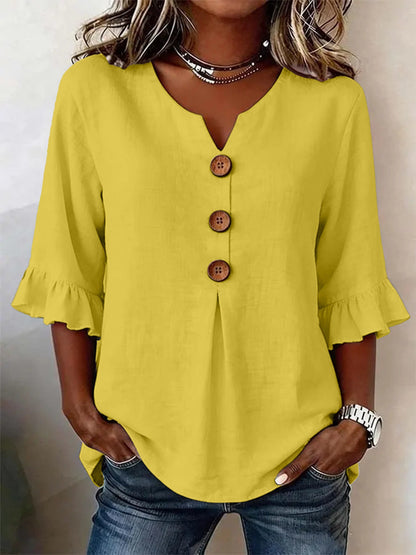 Linen Blend Notch V-Neck Ruffle Sleeve Blouse