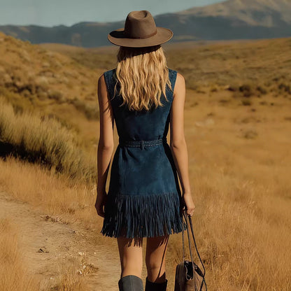 Teal Suede Sleeveless Western Fringe Mini Dress With Embellished Belt