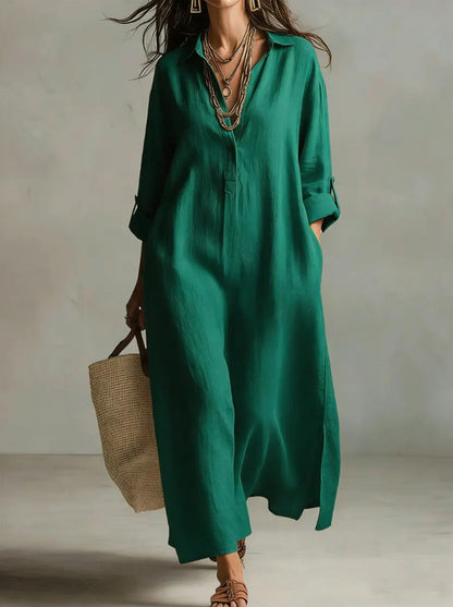 Lazy Style Solid Color Lapel Casual Long-Sleeved Shirt Dress