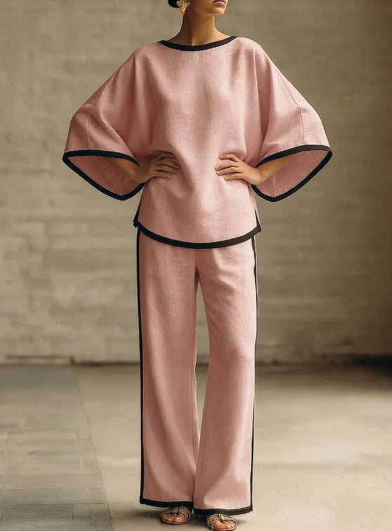 Women'S Elegant Round Neck Loose Bat Sleeves Cotton And Linen Two-Piece Set