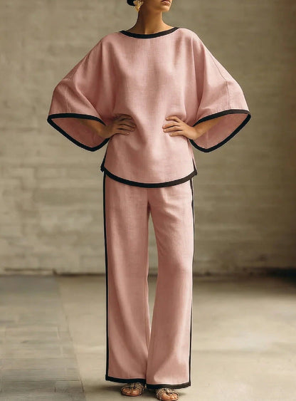 Women'S Elegant Round Neck Loose Bat Sleeves Cotton And Linen Two-Piece Set