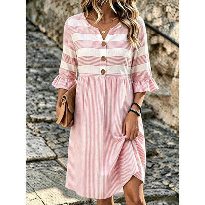 Women's Striped Notch Neck Button Front Midi Dress