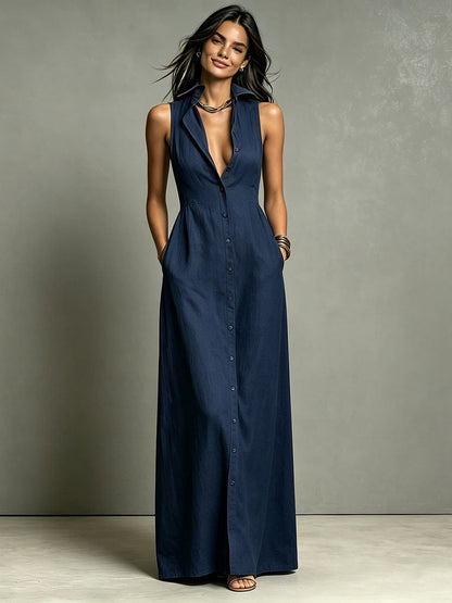 Women's Minimalist Linen-Blend Collared Single-Breasted Sleeveless Maxi Shirt Dress